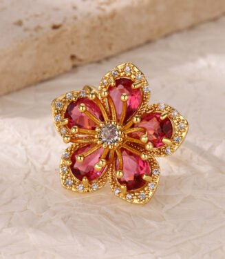 Red Flower Rings For Women Gold Color Stainless Steel Finger Ring