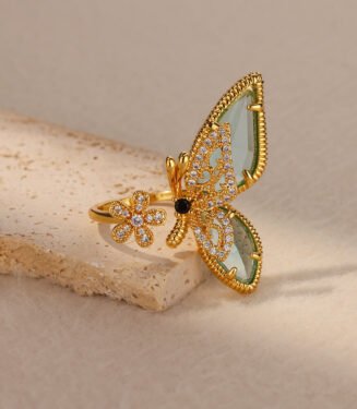 Zircon Crtystal Butterfly Rings For Women Gold Color Stainless Steel