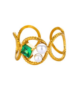 Zircon Imitation Pearl Round Stainless Steel Ring For Women